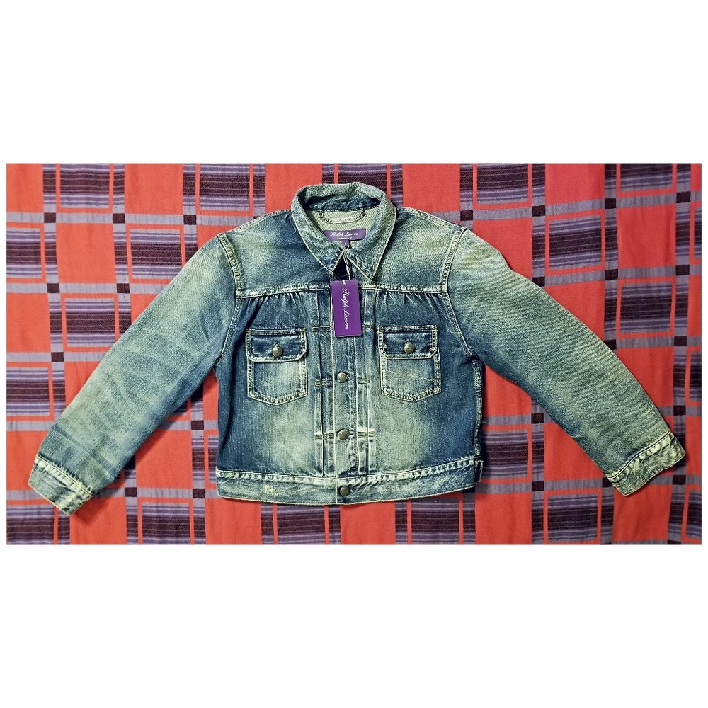 ☆NWT☆RALPH LAUREN PURPLE LABEL DISTRESSED DENIM JACKET- WOMEN'S SIZE LARGE - Picture 5 of 13